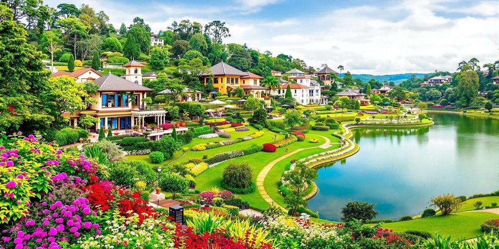 Colorful floral gardens and hills in Dalat City.